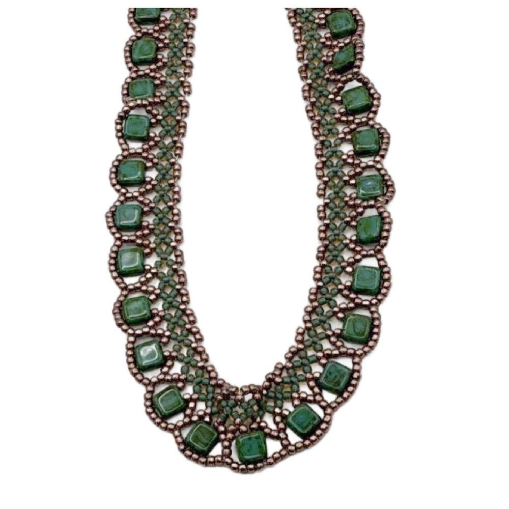 Vintage Green Glass Bead Collar Necklace, Egyptian Revival - Picture 10 of 11